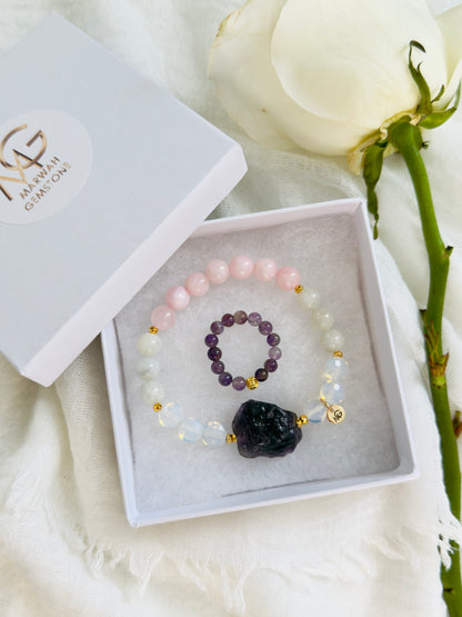 Rose Quartz - Faceted Opal - Moonstone - Raw Amethyst Bracelet + Amethyst Ring Set