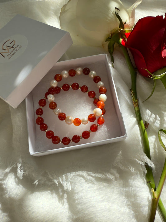 Red Agate - Natural Pearl 2 Bracelet Set