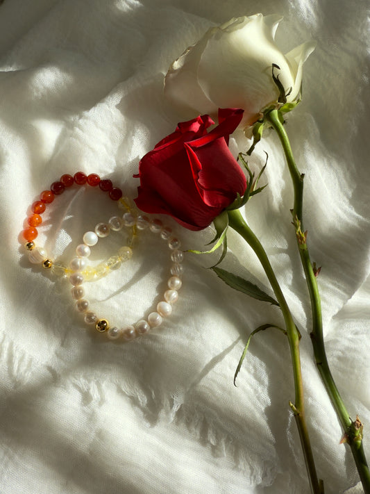 Red Agate - Citrine - Natural Pearl 2 Bracelets Set