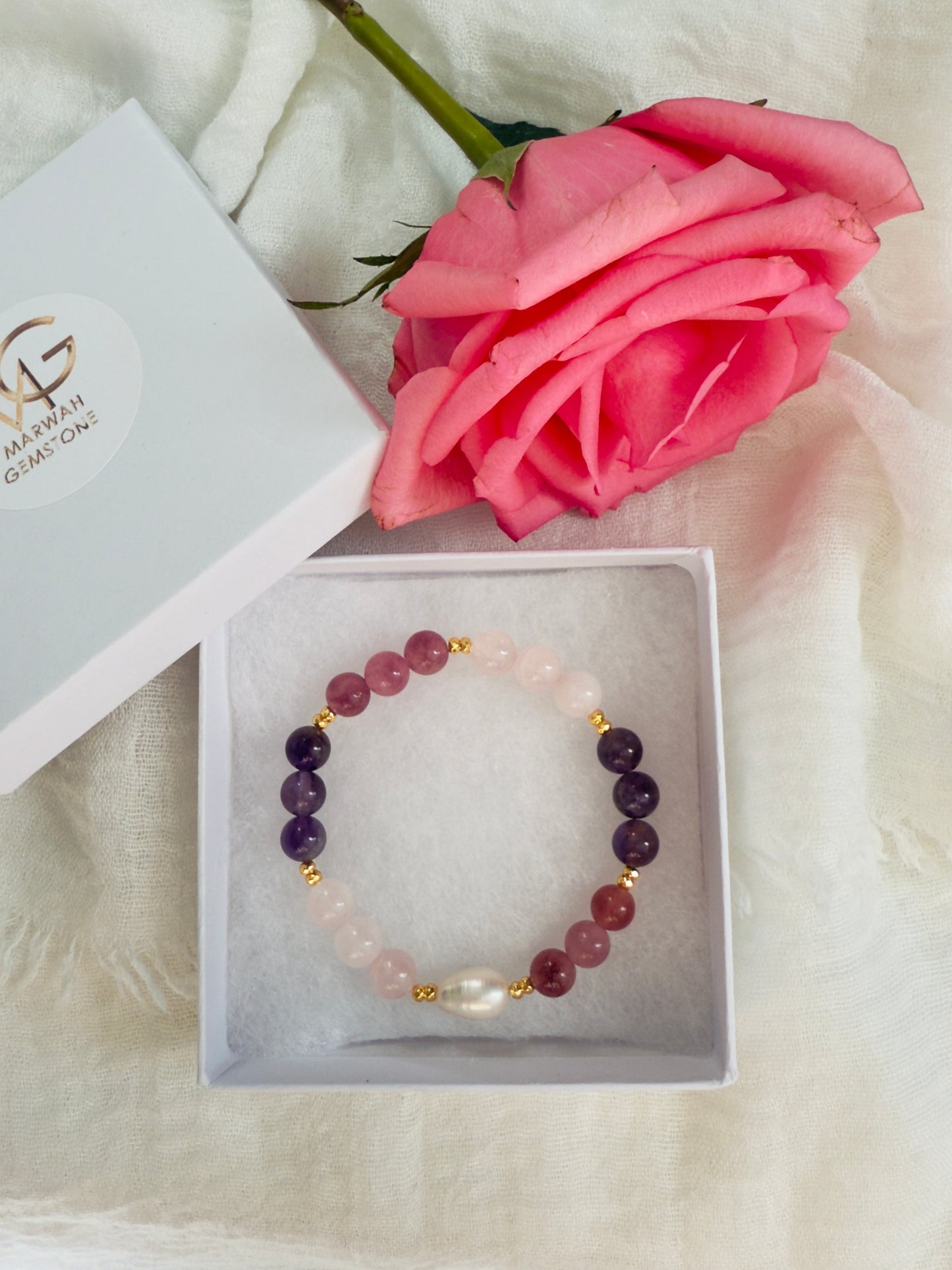 Rose Quartz - Amethyst - Strawberry Quartz - Natural Pearl Bracelet W/ Hematite Spacers