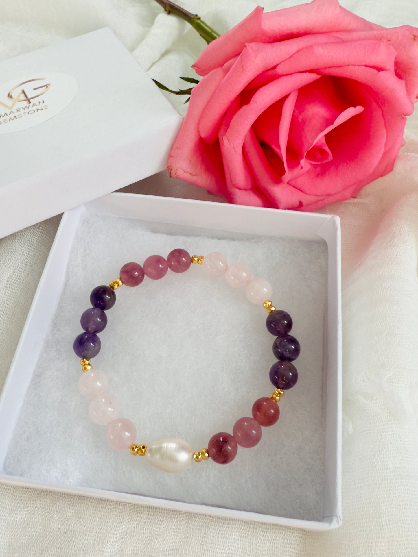 Rose Quartz - Amethyst - Strawberry Quartz - Natural Pearl Bracelet W/ Hematite Spacers