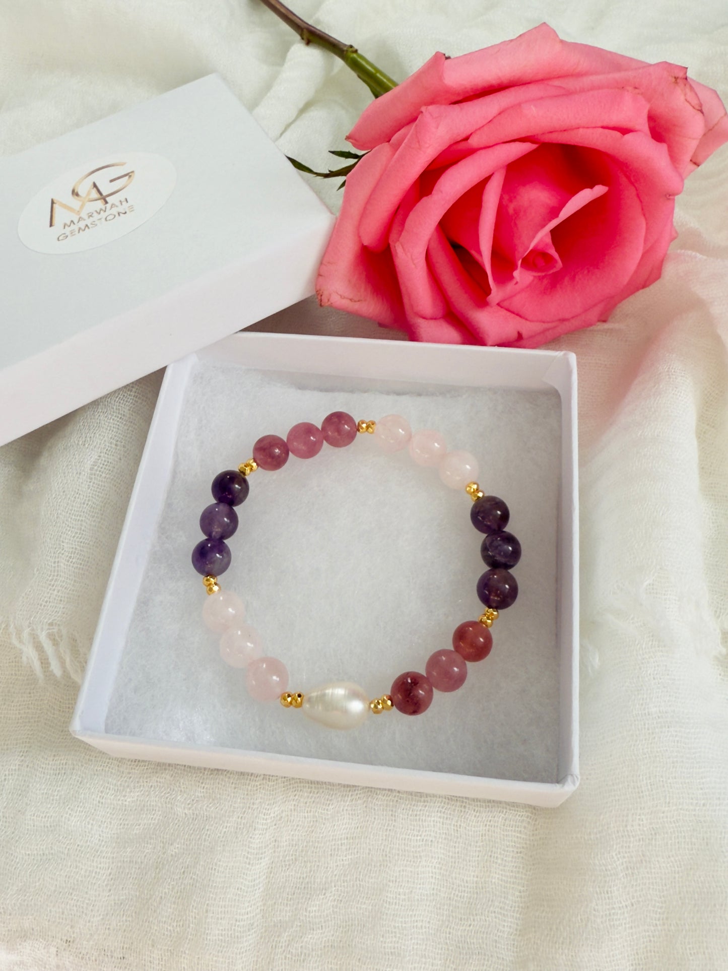 Rose Quartz - Amethyst - Strawberry Quartz - Natural Pearl Bracelet W/ Hematite Spacers