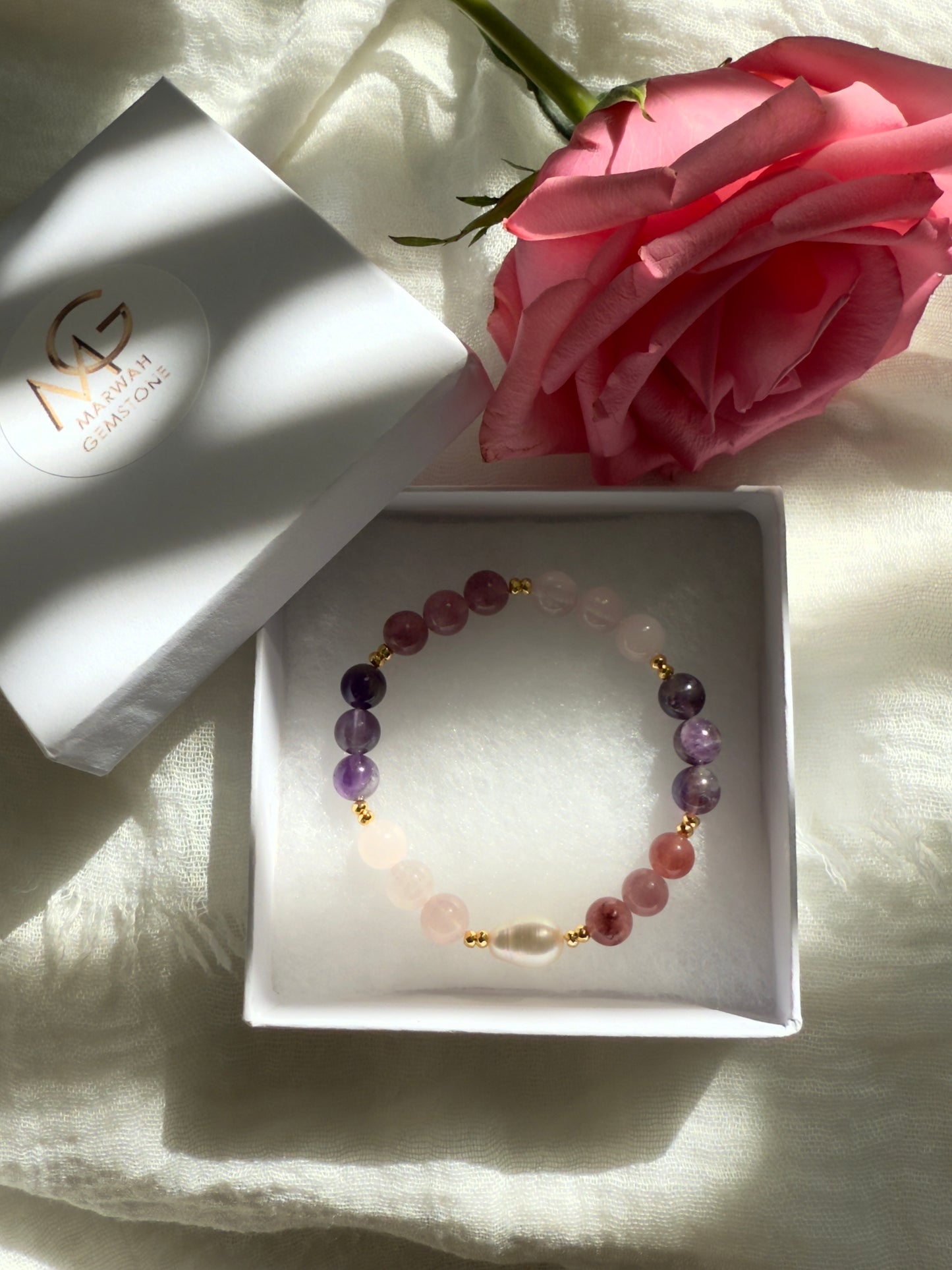 Rose Quartz - Amethyst - Strawberry Quartz - Natural Pearl Bracelet W/ Hematite Spacers