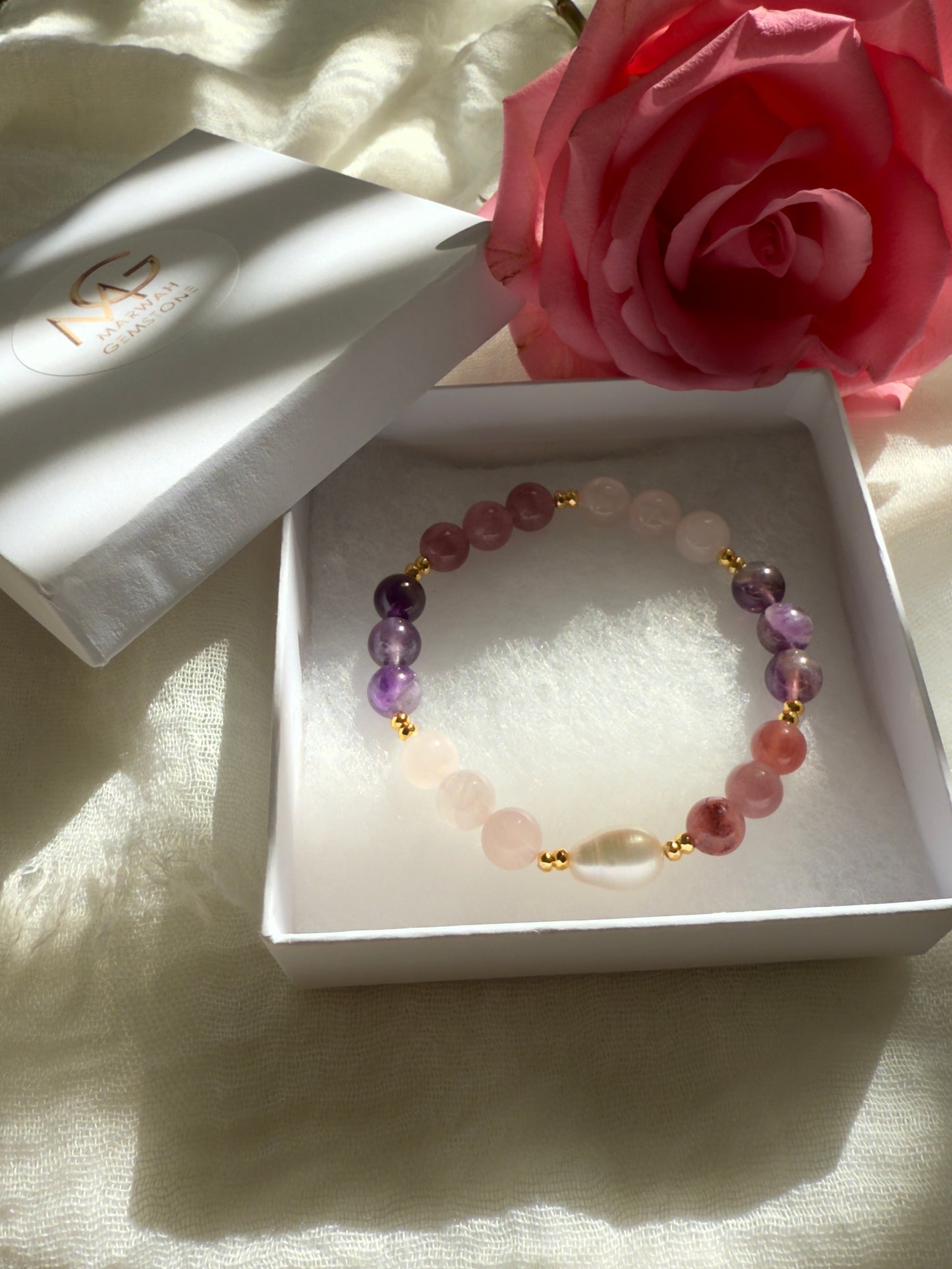 Rose Quartz - Amethyst - Strawberry Quartz - Natural Pearl Bracelet W/ Hematite Spacers