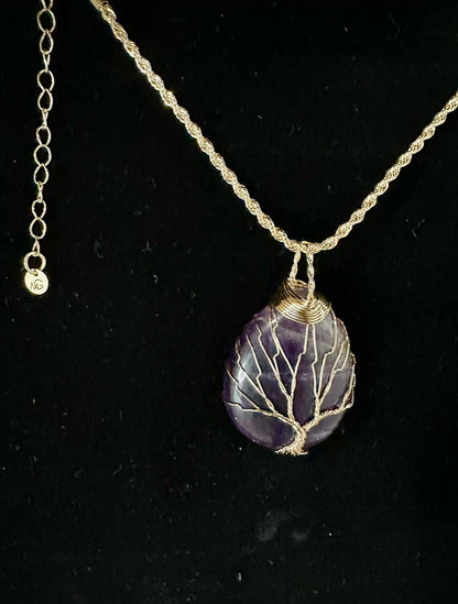Amethyst Pendant Necklace With The Tree Of Life Handcrafted On It