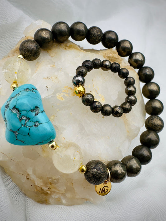 Citrine-Pyrite-Raw Turquoise Bracelet + Pyrite ring