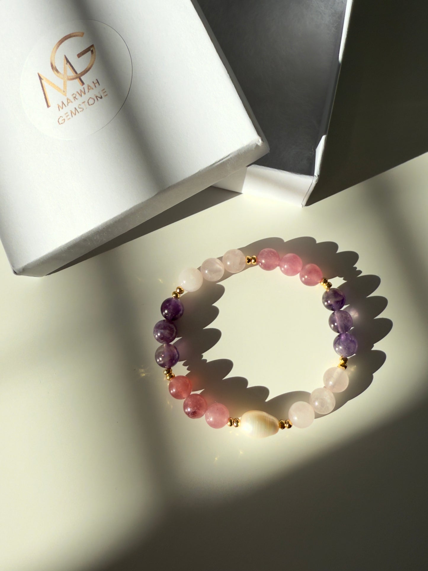 Rose Quartz - Amethyst - Strawberry Quartz - Natural Pearl Bracelet W/ Hematite Spacers