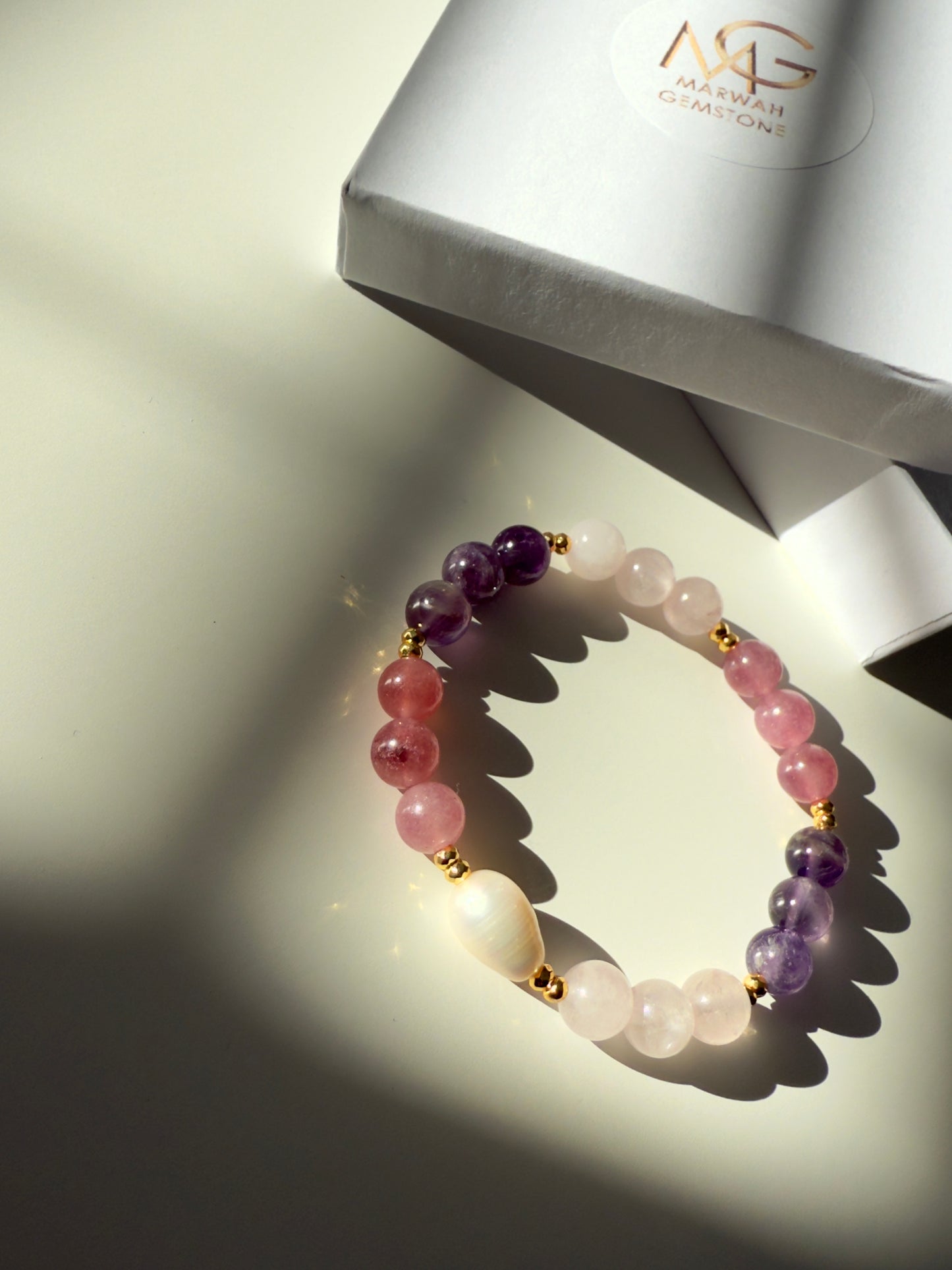 Rose Quartz - Amethyst - Strawberry Quartz - Natural Pearl Bracelet W/ Hematite Spacers