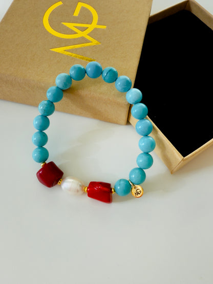 Original Turquoise - Natural Coral - Natural Pearl Bracelet With Hematite Spacers