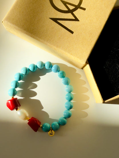 Original Turquoise - Natural Coral - Natural Pearl Bracelet With Hematite Spacers