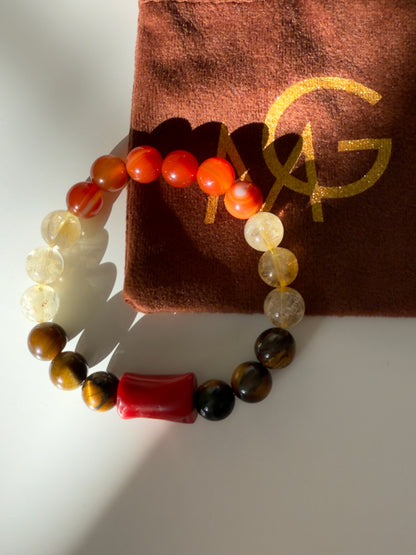 Natural Coral - Citrine - Red Agate - Tiger Eye Bracelet