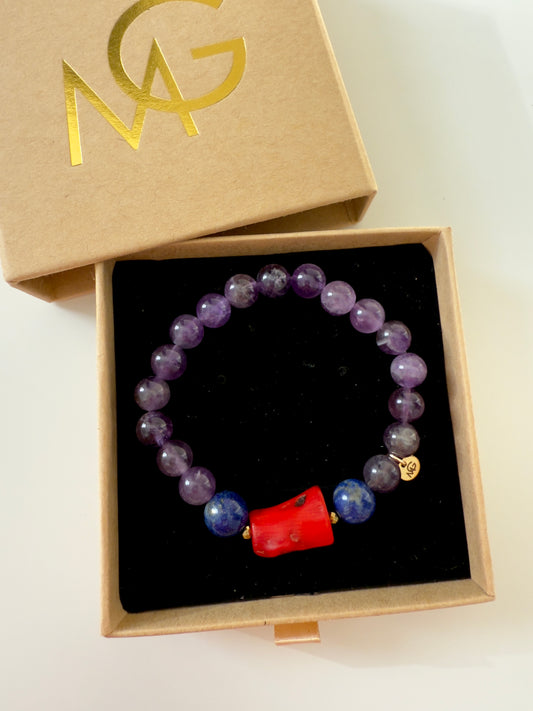 Amethyst - Lapis Lazuli - Natural Coral Bracelet With Hematite Spacers