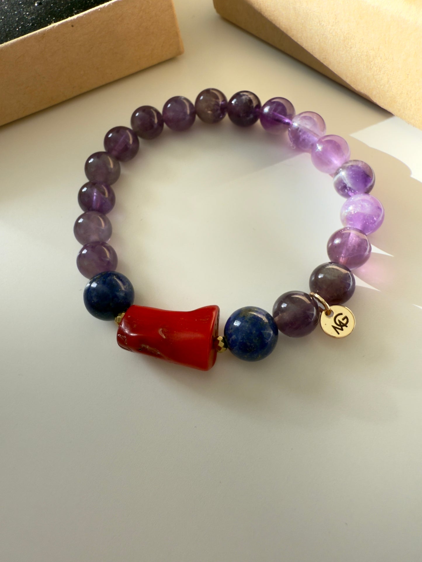 Amethyst - Lapis Lazuli - Natural Coral Bracelet With Hematite Spacers