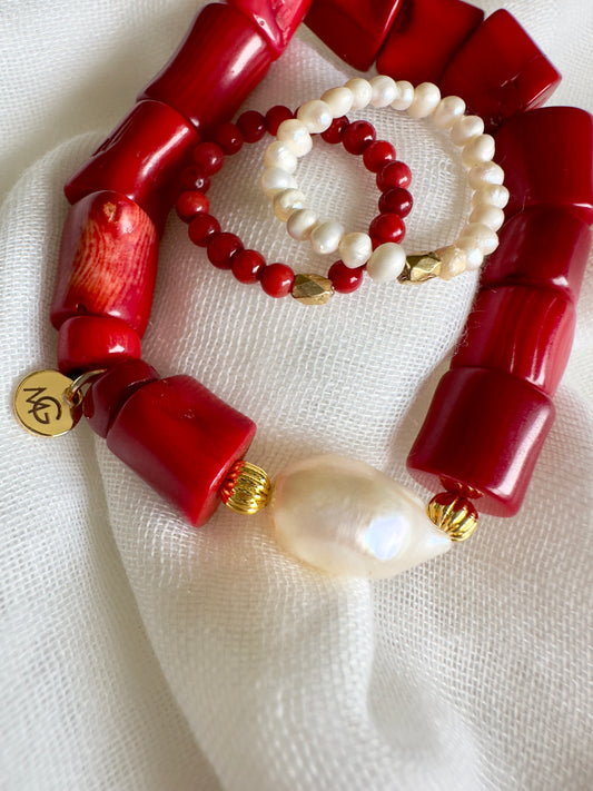 Coral-Pearl Bracelet + Rings With Golden Metal Spacers