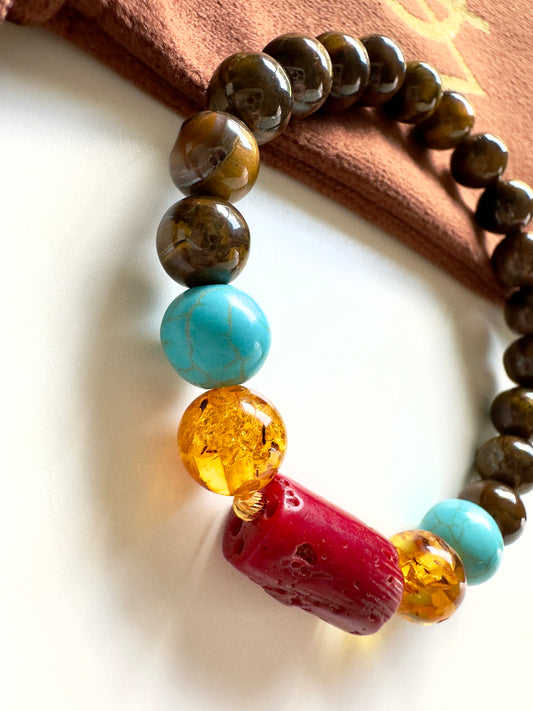 Tiger Eye-Turquoise-Natural Coral-Amber Bracelet W/ 21-K Golden Spacers
