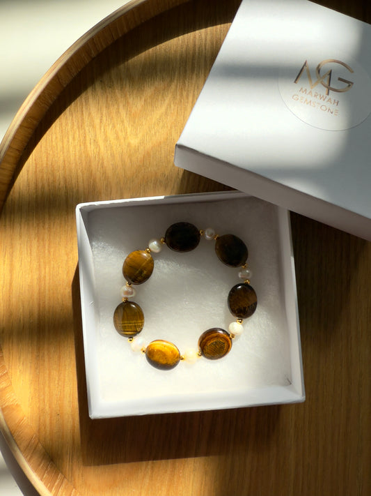 Tiger Eye - Natural Pearl Bracelet With Hematite Spacers