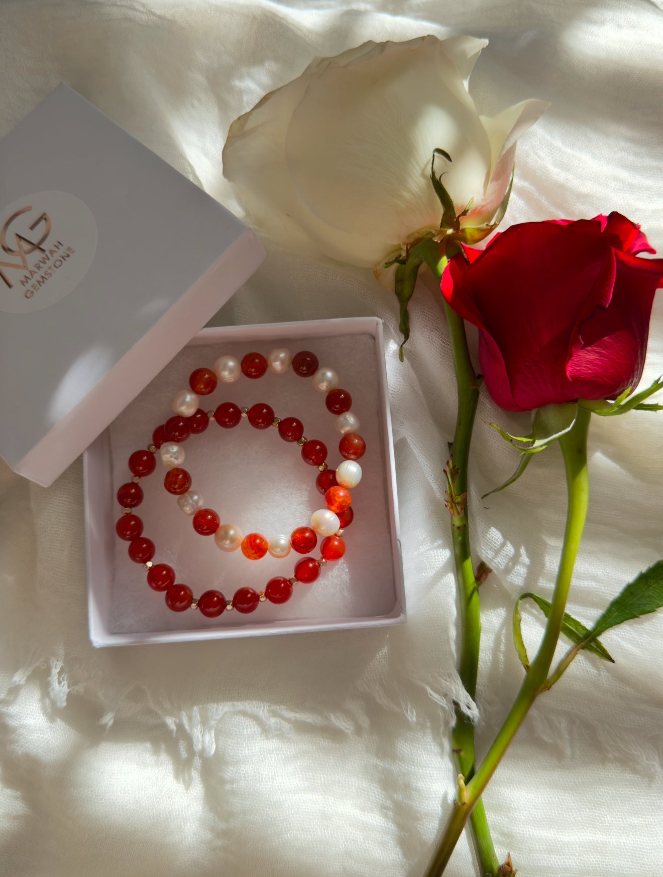 Red Agate - Natural Pearl 2 Bracelet Set