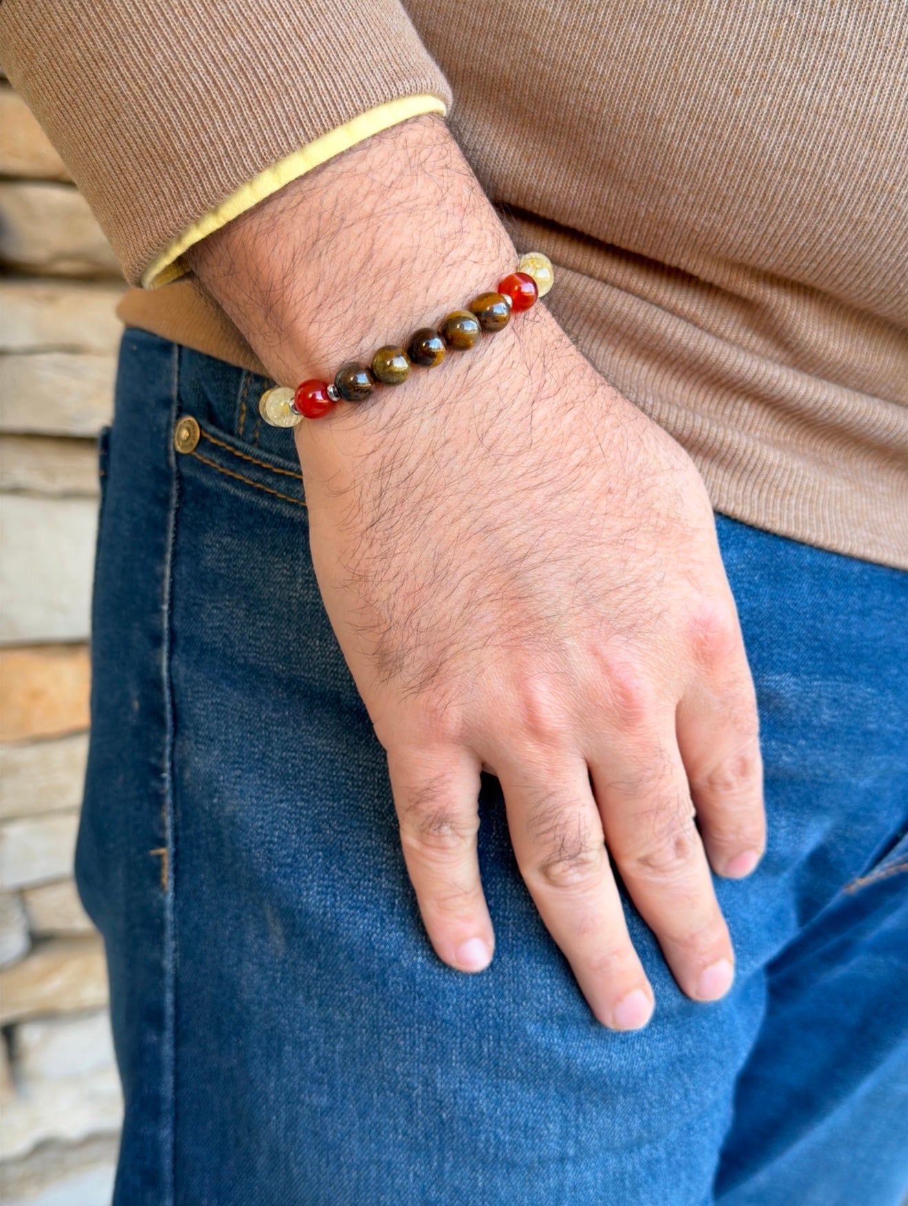 Men's Design Of Tiger Eye - Citrine - Red Agate Bracelet