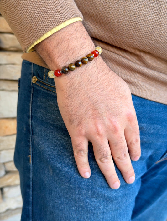 Men's Design Of Tiger Eye - Citrine - Red Agate Bracelet