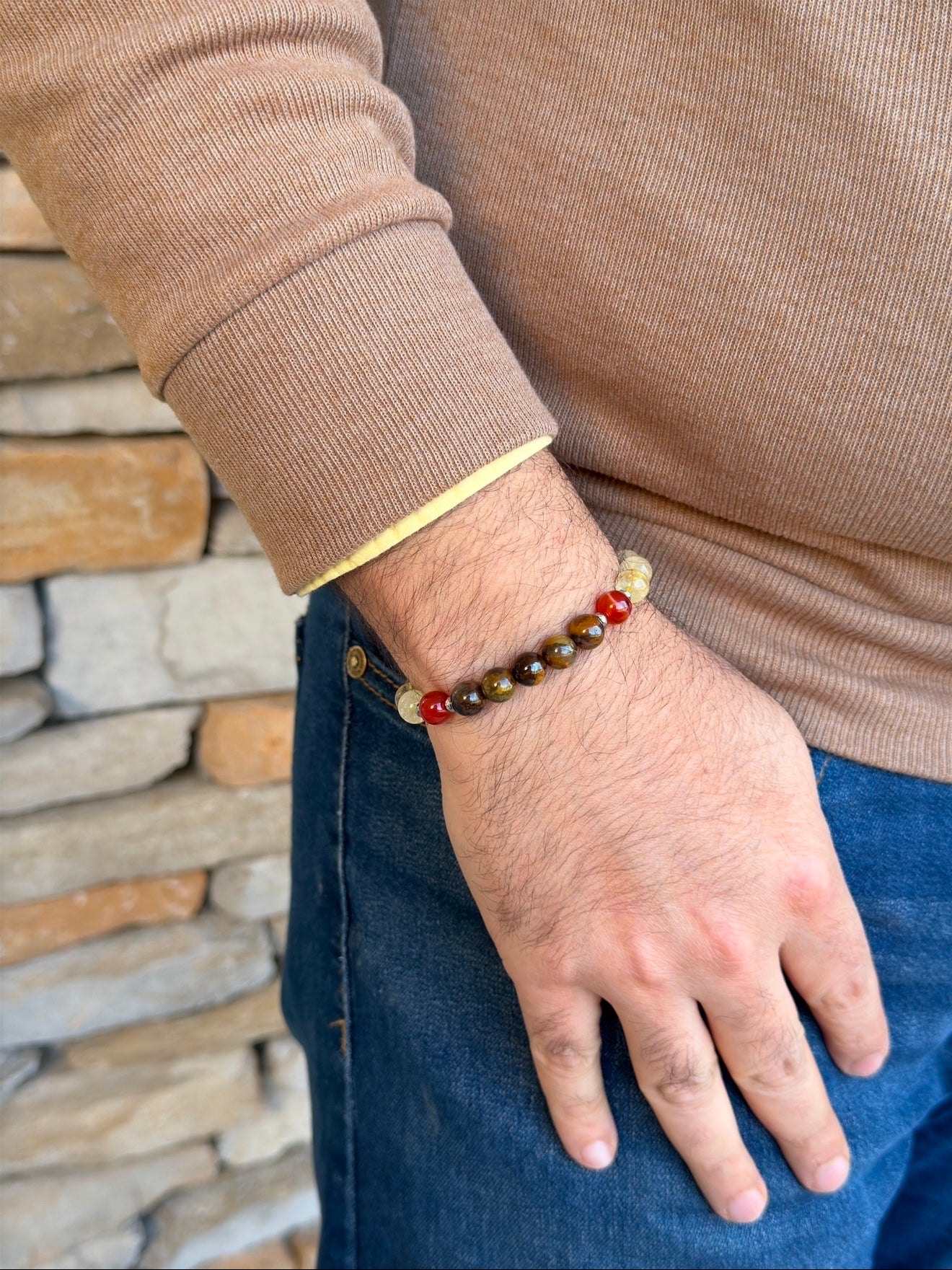 Men's Design Of Tiger Eye - Citrine - Red Agate Bracelet