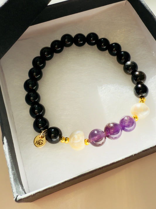 Black Obsidian - Natural Pearl - Amethyst Bracelet With Hematite Spacers