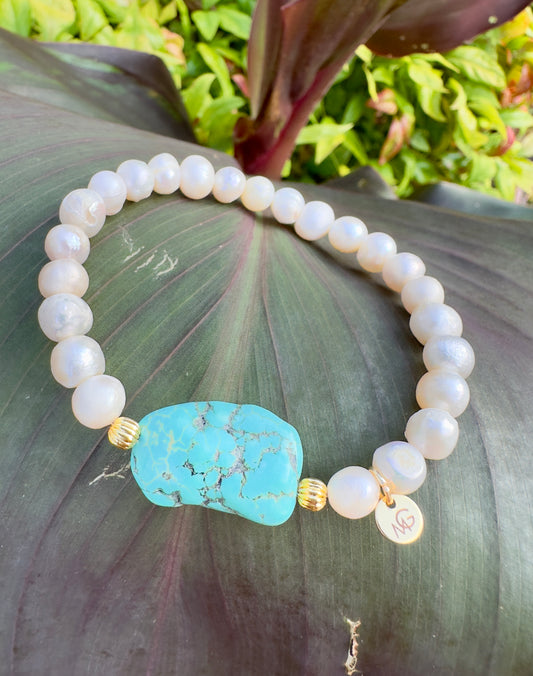 Natural Freshwater Pearl-Raw Turquoise Bracelet