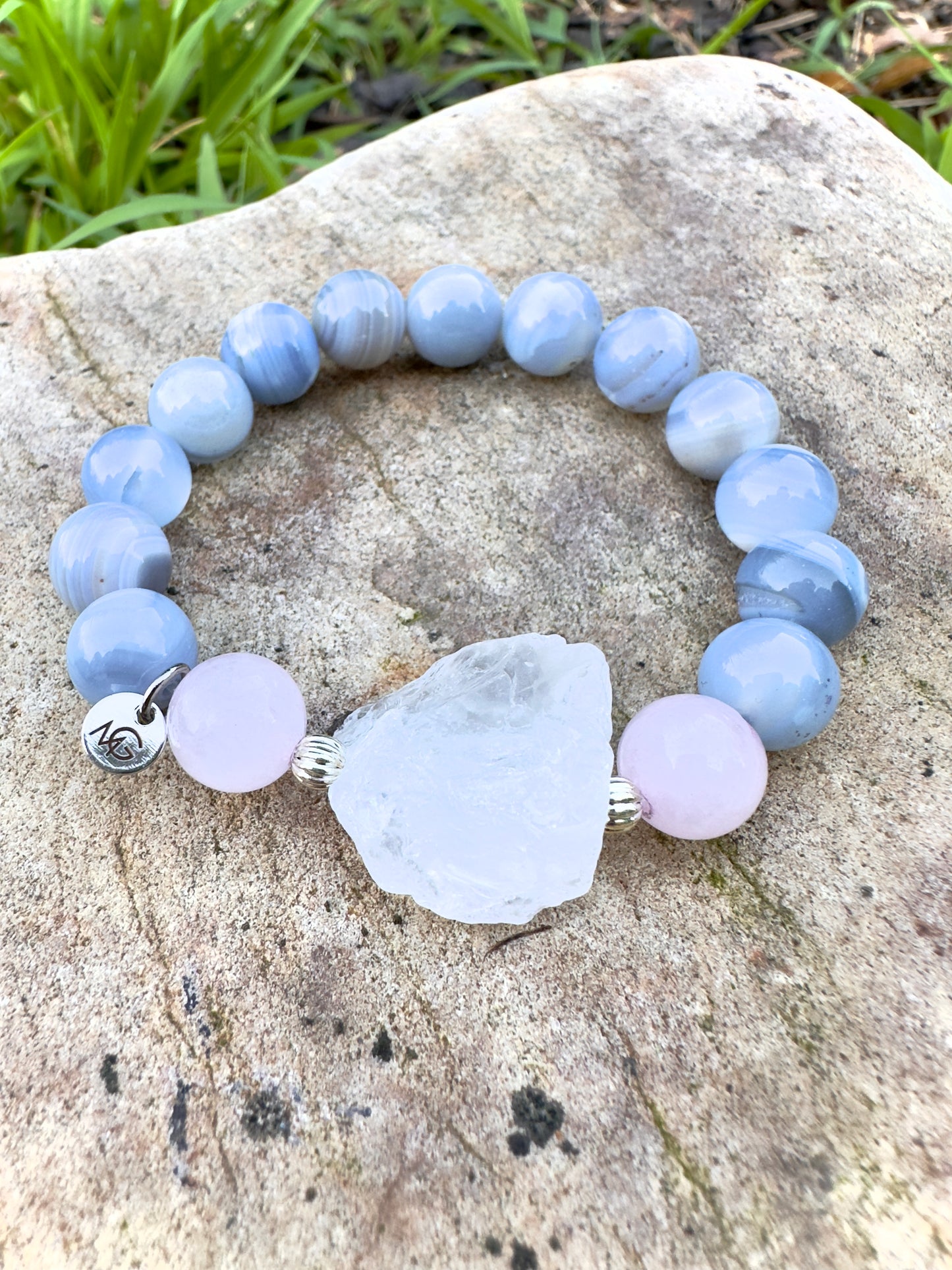 Blue Agate-Rose Quartz-Raw White Quartz Bracelet