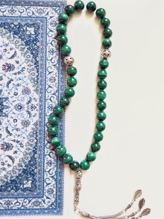 Malachite 33-Bead Misbaha 10mm Bead Size