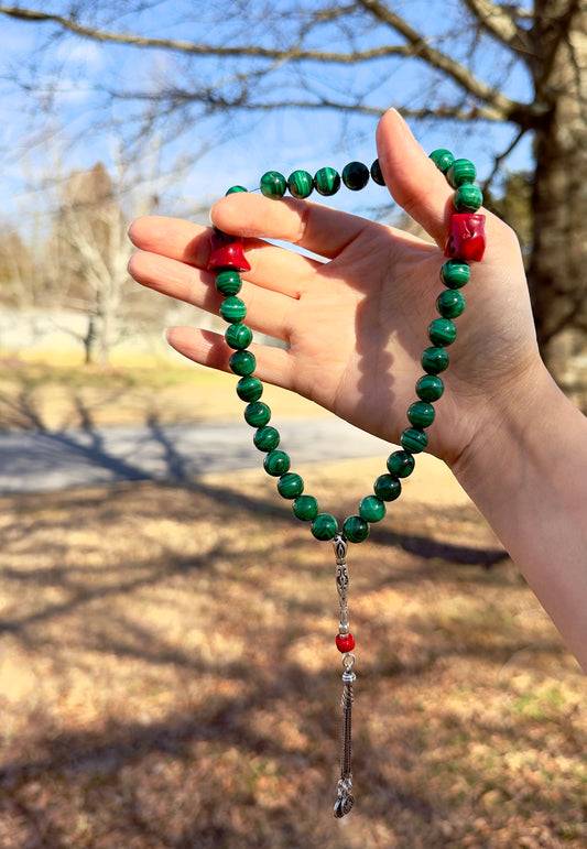 Malachite - Natural Coral 33-Bead Misbaha With Silver 925