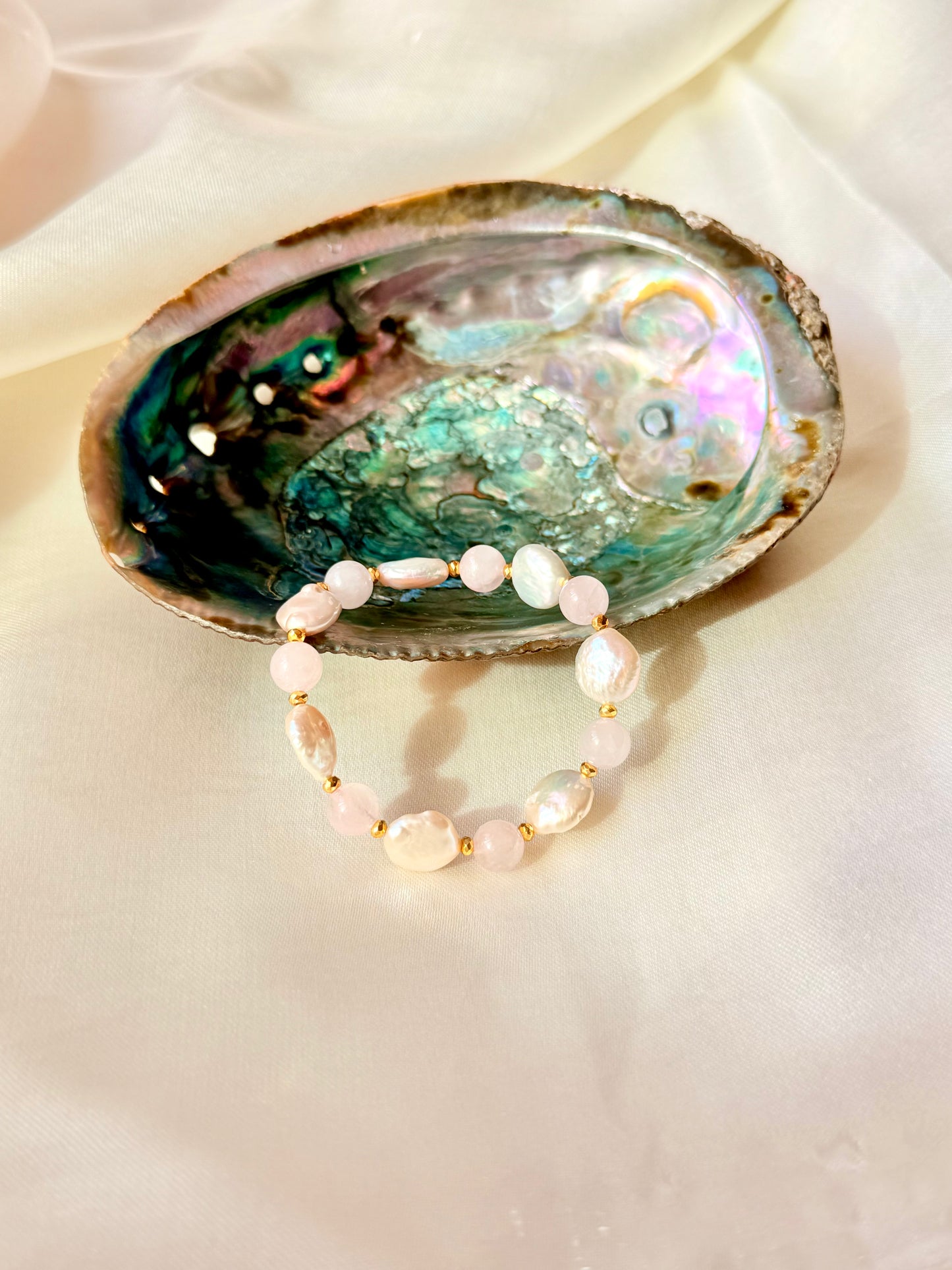 Rose Quartz - Natural Pearl Bracelet with Hematite Spacers