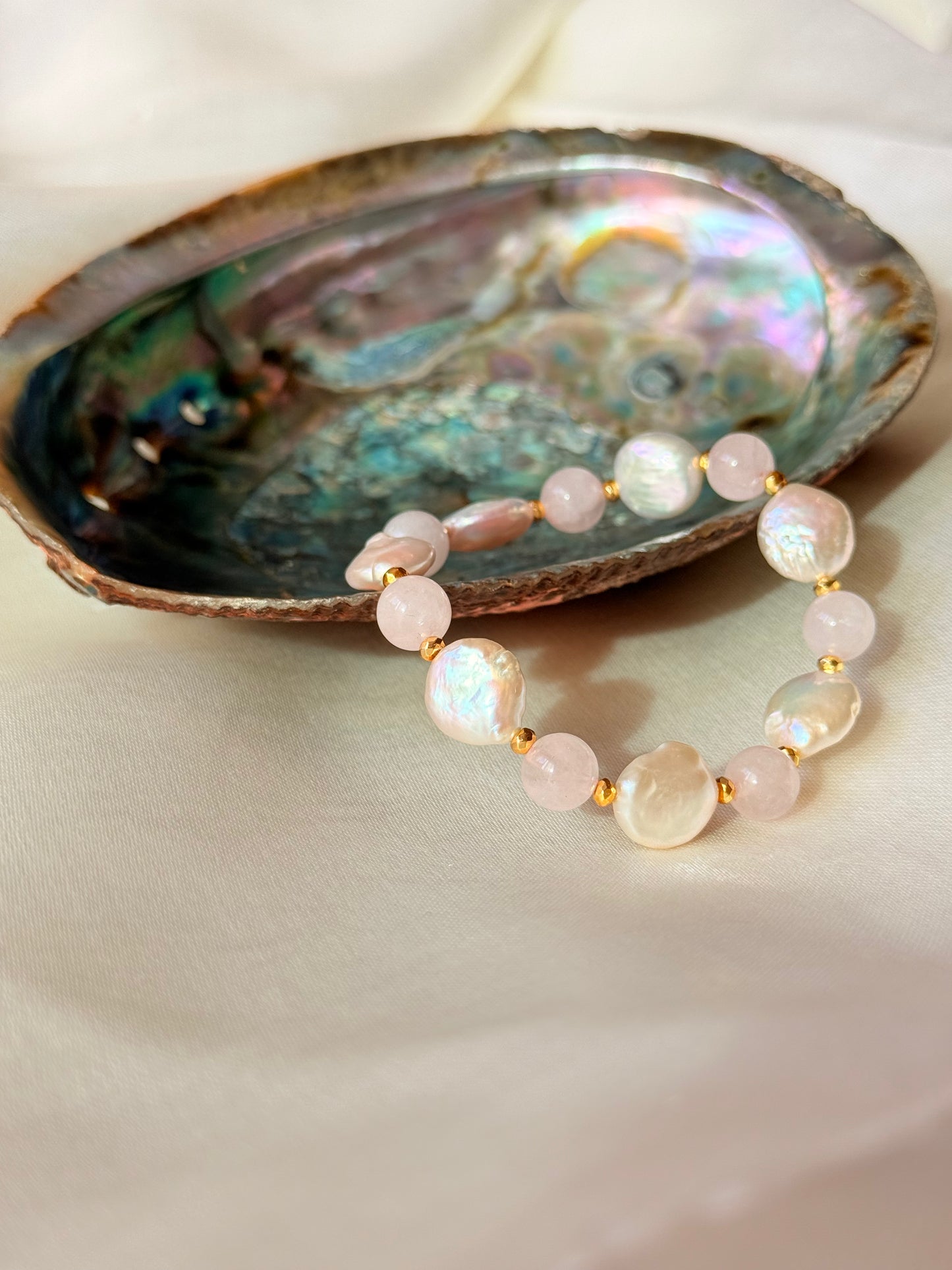 Rose Quartz - Natural Pearl Bracelet with Hematite Spacers