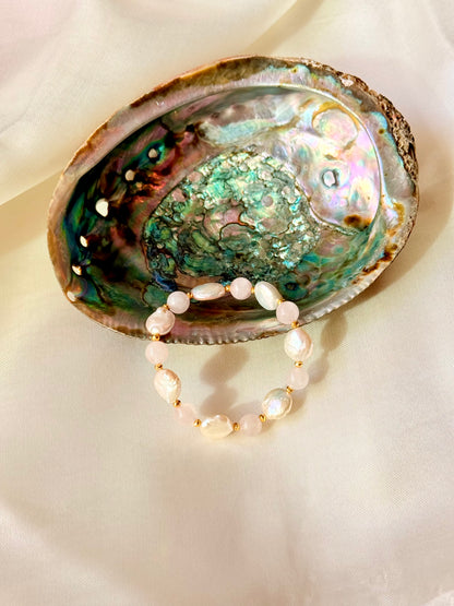 Rose Quartz - Natural Pearl Bracelet with Hematite Spacers