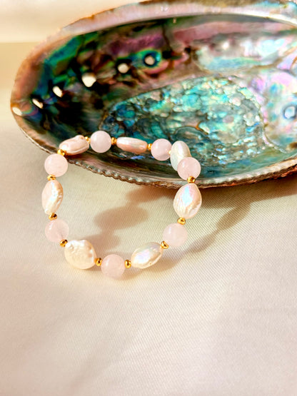 Rose Quartz - Natural Pearl Bracelet with Hematite Spacers