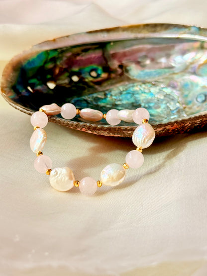 Rose Quartz - Natural Pearl Bracelet with Hematite Spacers