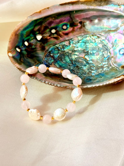 Rose Quartz - Natural Pearl Bracelet with Hematite Spacers