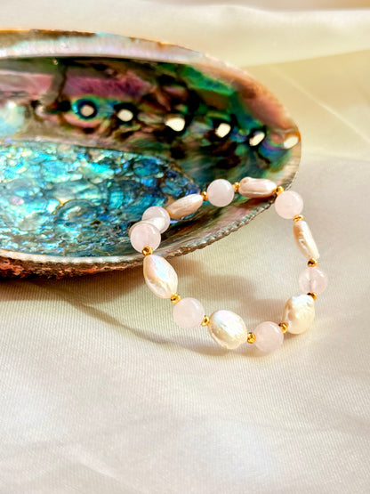 Rose Quartz - Natural Pearl Bracelet with Hematite Spacers