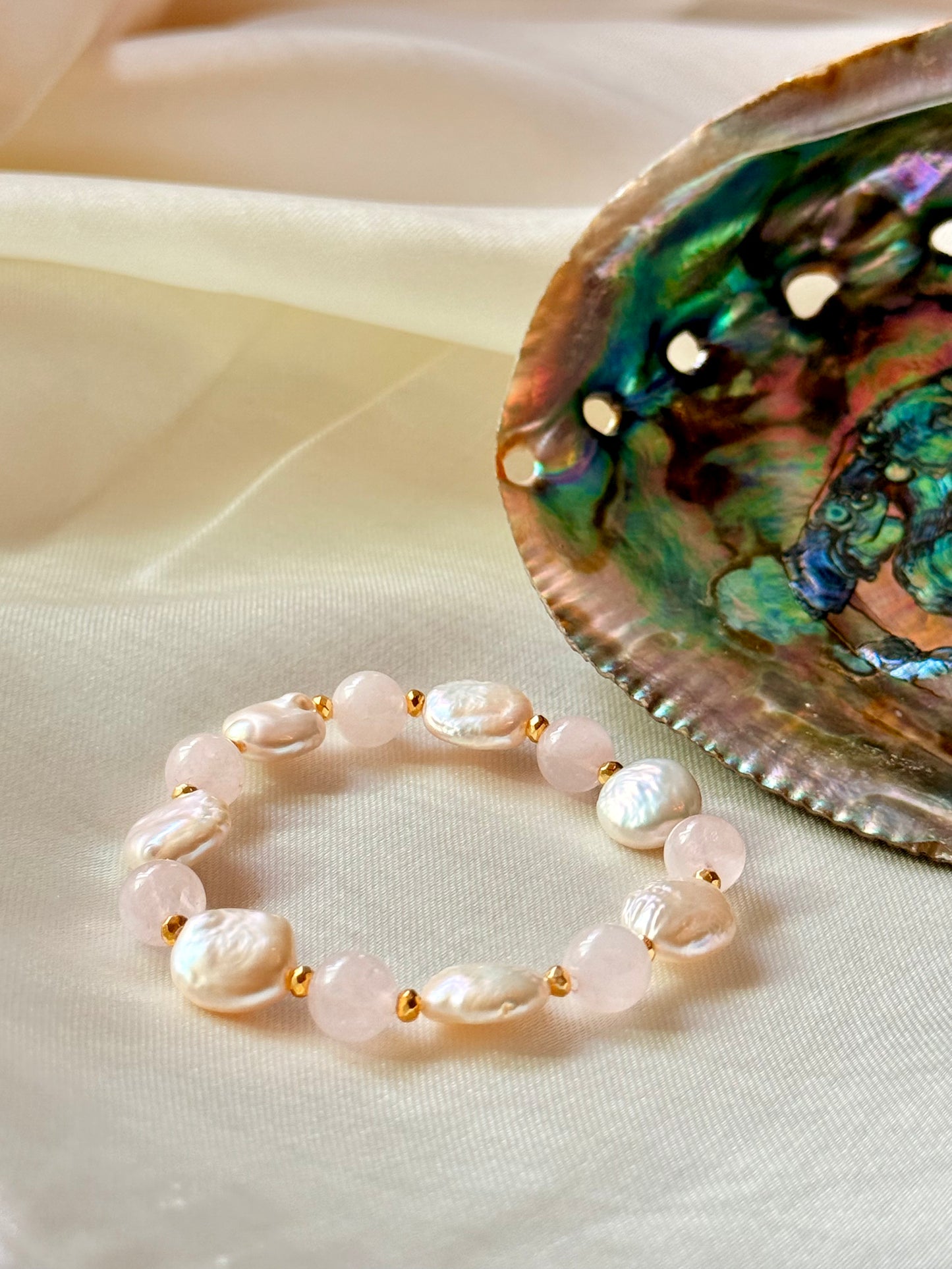 Rose Quartz - Natural Pearl Bracelet with Hematite Spacers