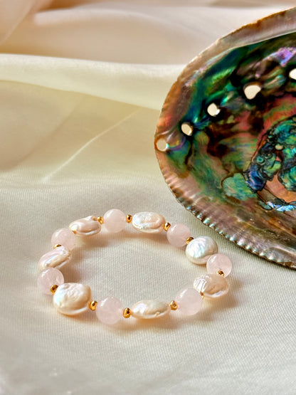 Rose Quartz - Natural Pearl Bracelet with Hematite Spacers