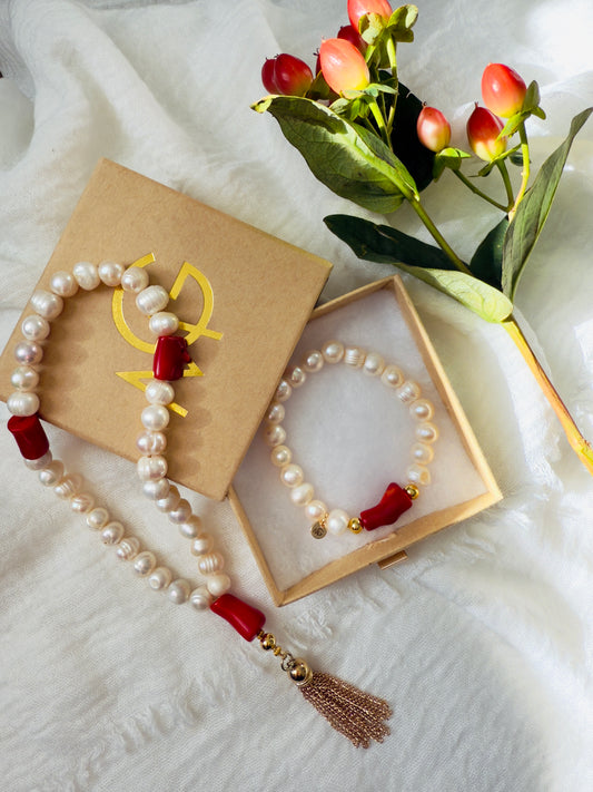 Natural Pearl - Coral 33-Bead Misbaha + Bracelet Set