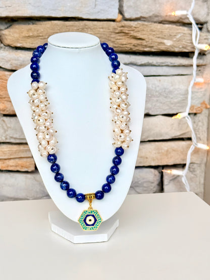 Lapis Lazuli - Natural Freshwater Pearl Necklace with Evil Eye Charm