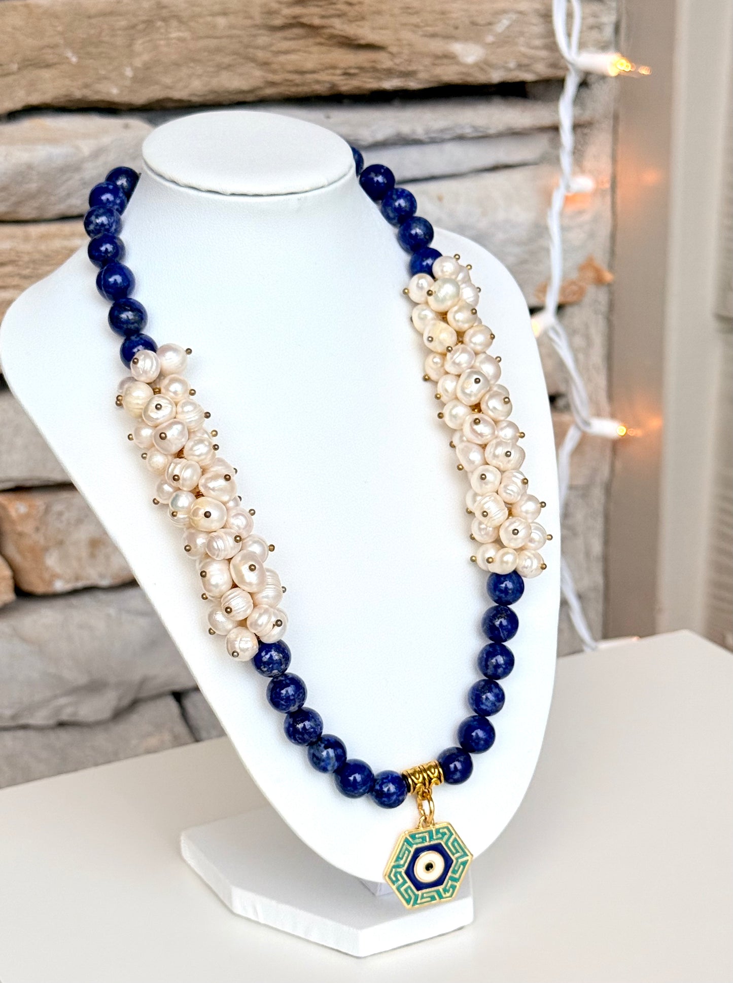 Lapis Lazuli - Natural Freshwater Pearl Necklace with Evil Eye Charm