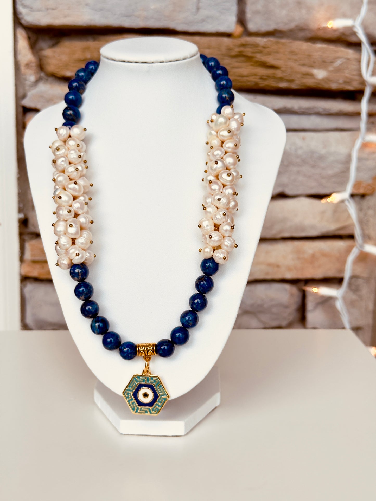 Lapis Lazuli - Natural Freshwater Pearl Necklace with Evil Eye Charm