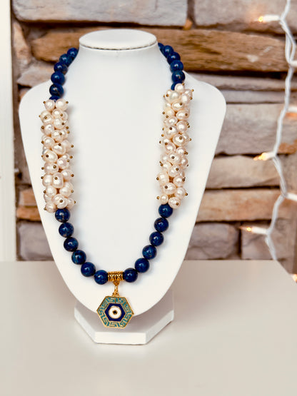 Lapis Lazuli - Natural Freshwater Pearl Necklace with Evil Eye Charm
