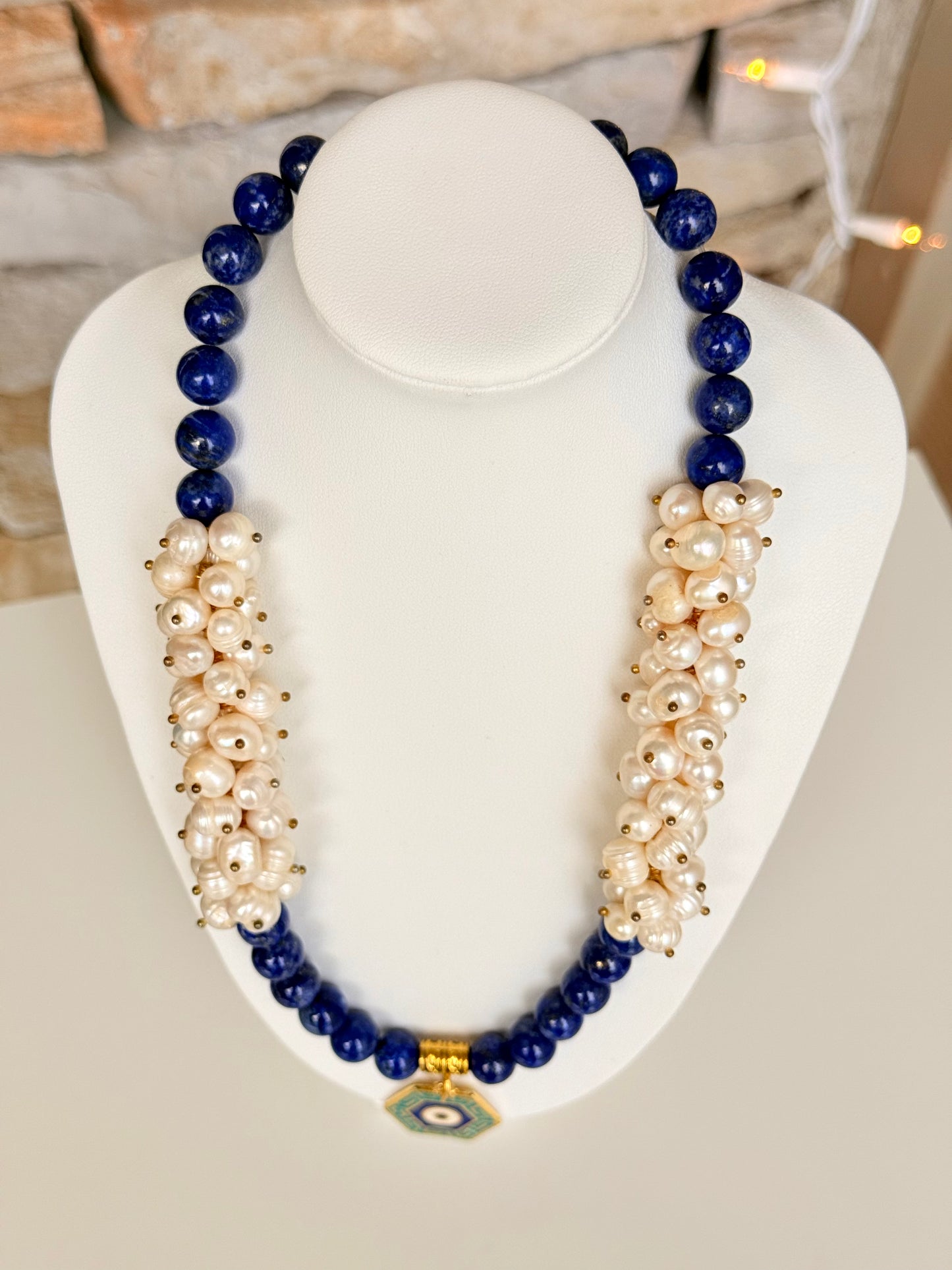 Lapis Lazuli - Natural Freshwater Pearl Necklace with Evil Eye Charm