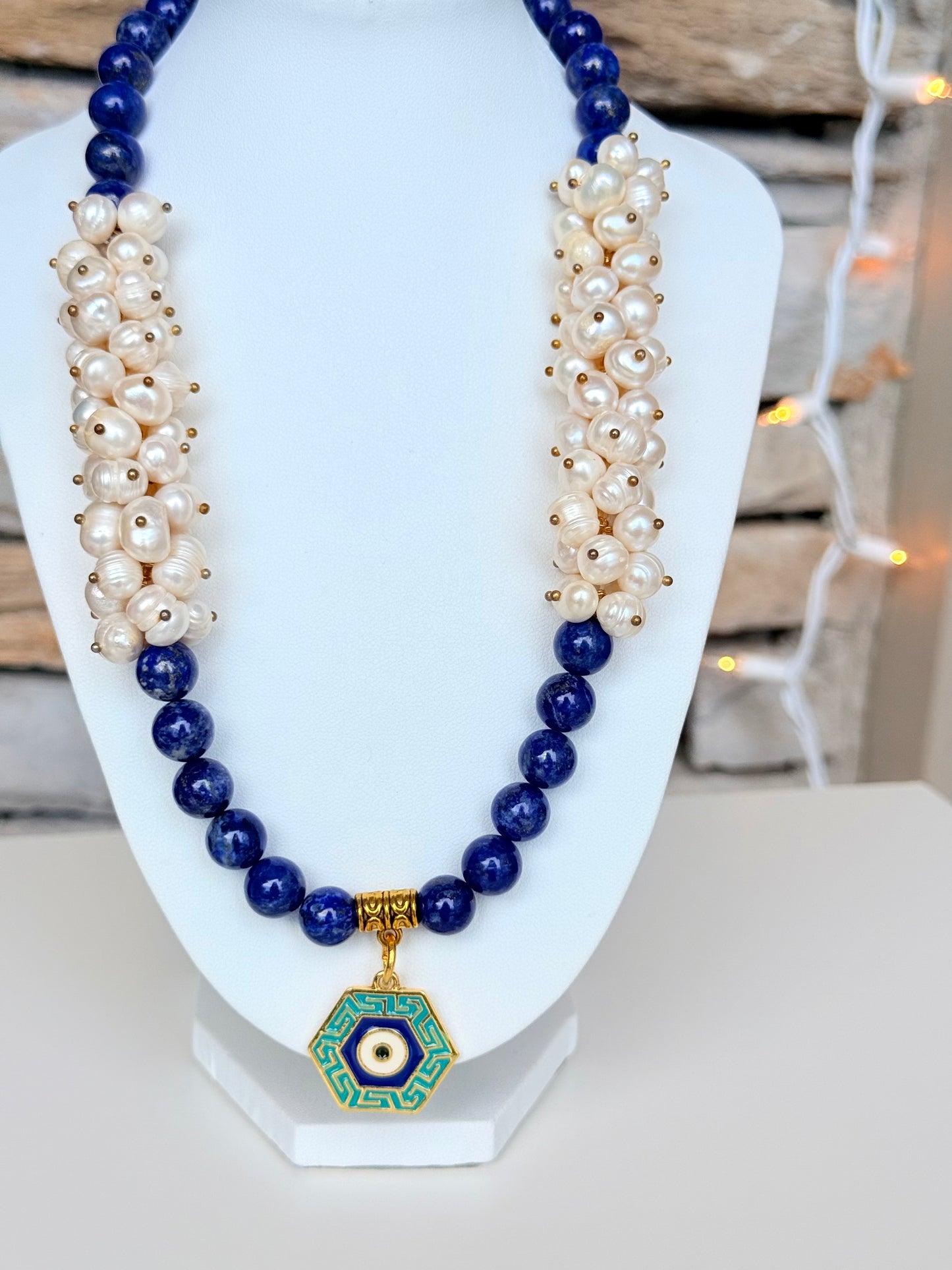 Lapis Lazuli - Natural Freshwater Pearl Necklace with Evil Eye Charm