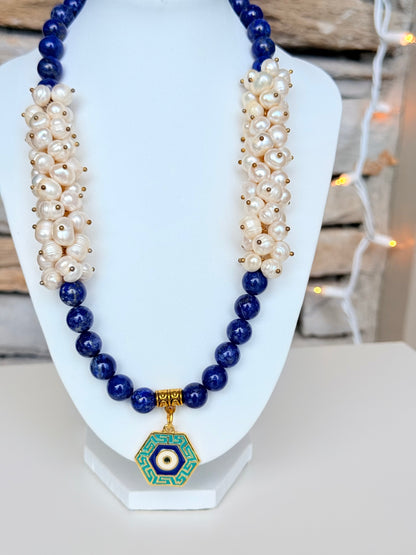 Lapis Lazuli - Natural Freshwater Pearl Necklace with Evil Eye Charm