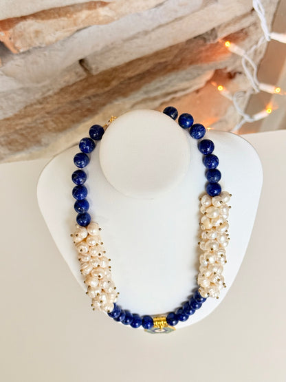 Lapis Lazuli - Natural Freshwater Pearl Necklace with Evil Eye Charm
