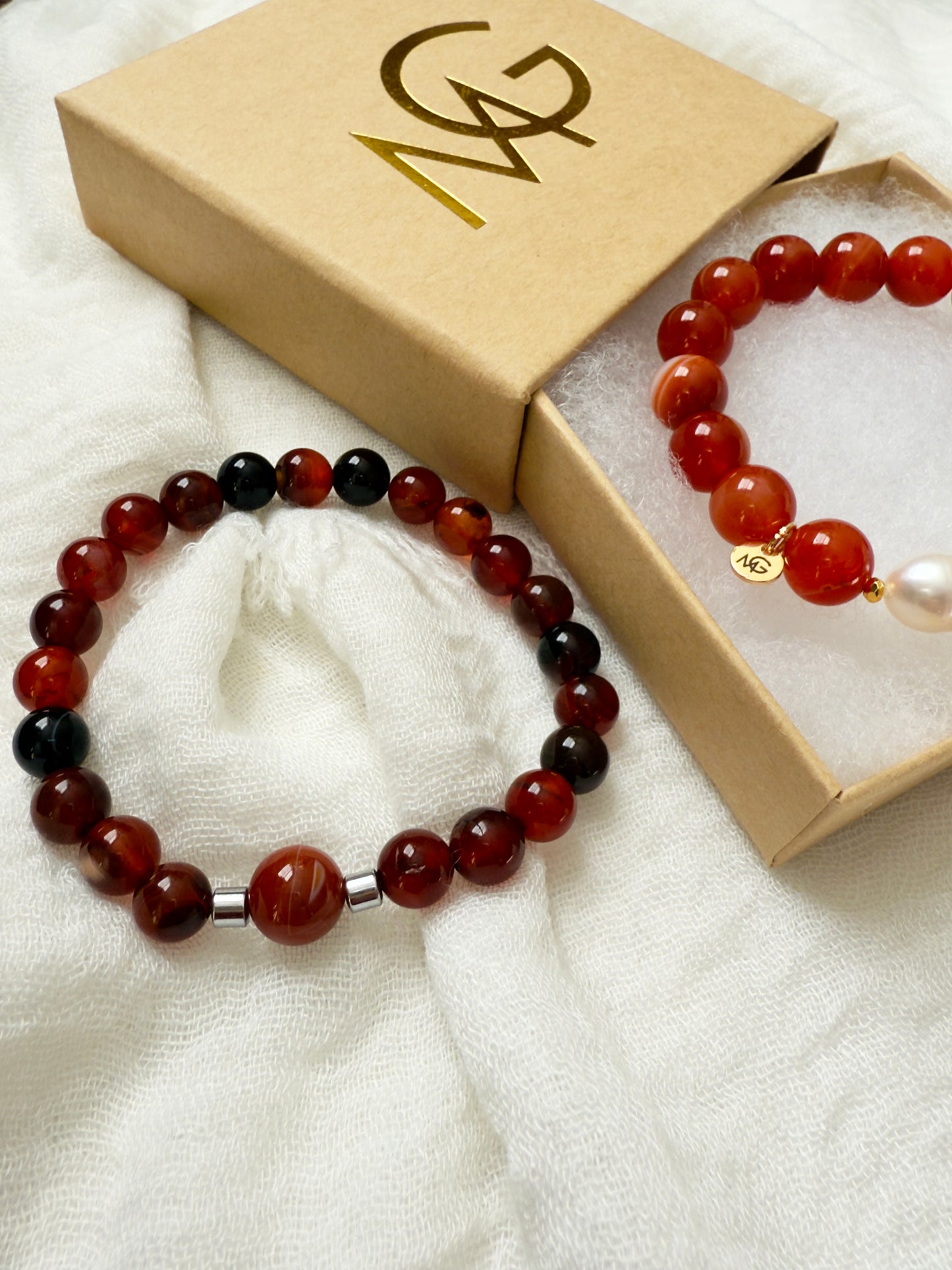 Man + Woman Bracelet Set of Liver Agate, Red Agate, and Freshwater Pearls