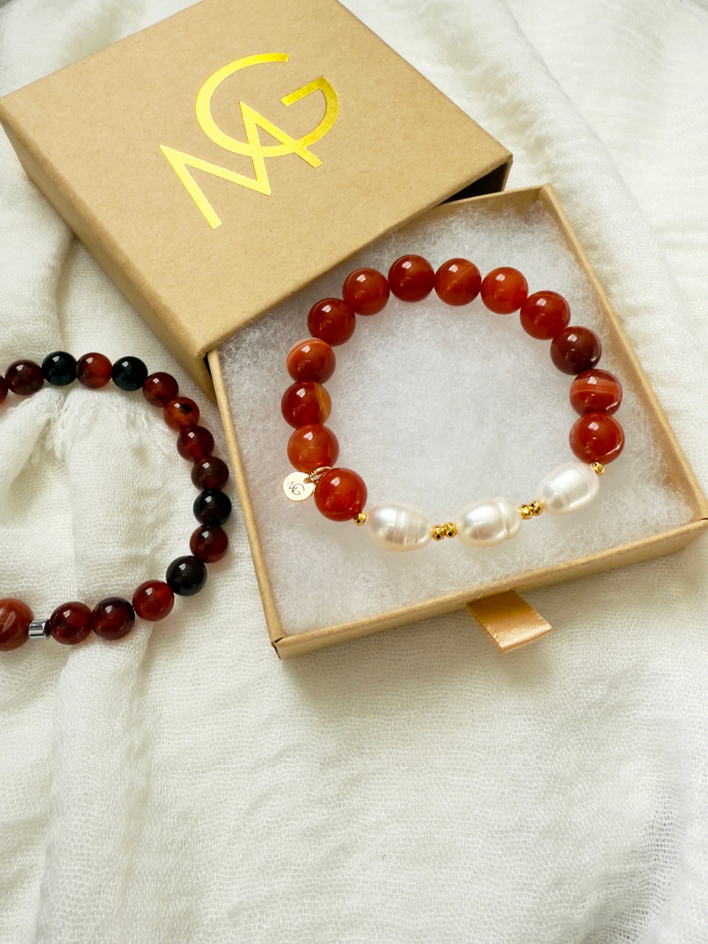 Man + Woman Bracelet Set of Liver Agate, Red Agate, and Freshwater Pearls