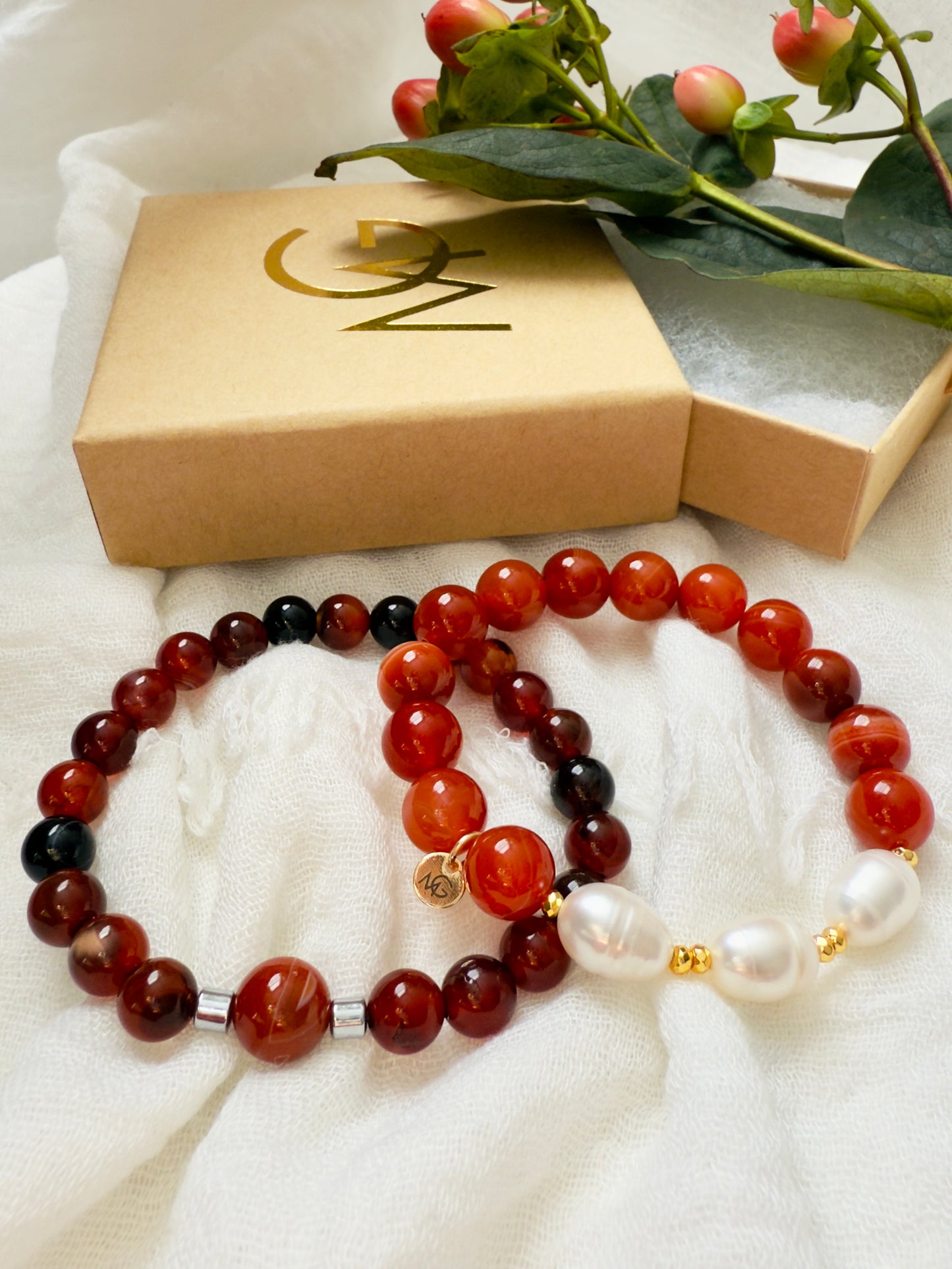 Man + Woman Bracelet Set of Liver Agate, Red Agate, and Freshwater Pearls